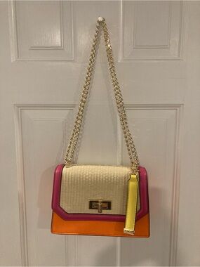 Aldo Cream, Pink & Orange Color-Block Chain Shoulder Bag with Yellow Tag
